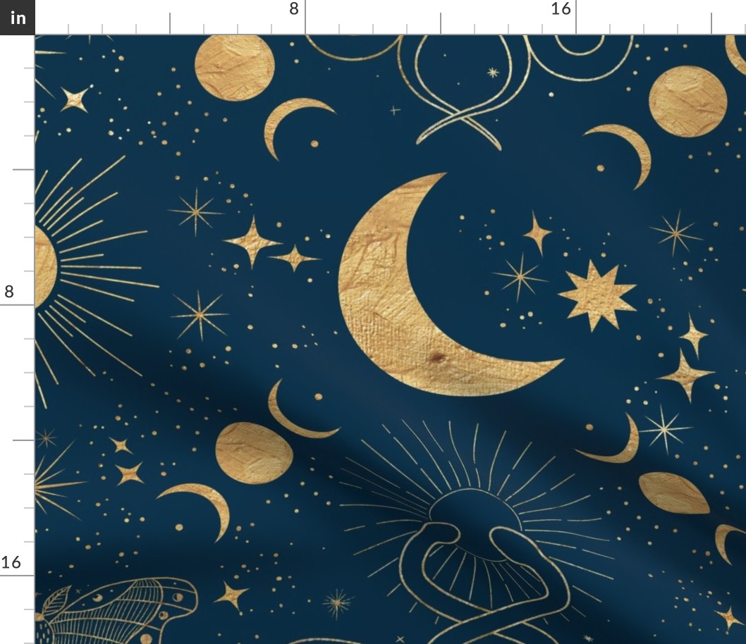 Gold Celestial Mysticism Fine Line Art Drawing Moon Sun Stars Nordic Noir Teal