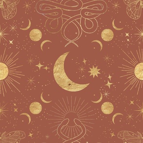 Gold Celestial Mysticism Fine Line Art Drawing Moon Sun Stars Sepia Earth Clay