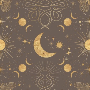 Gold Celestial Mysticism Fine Line Art Drawing Moon Sun Stars Taupe