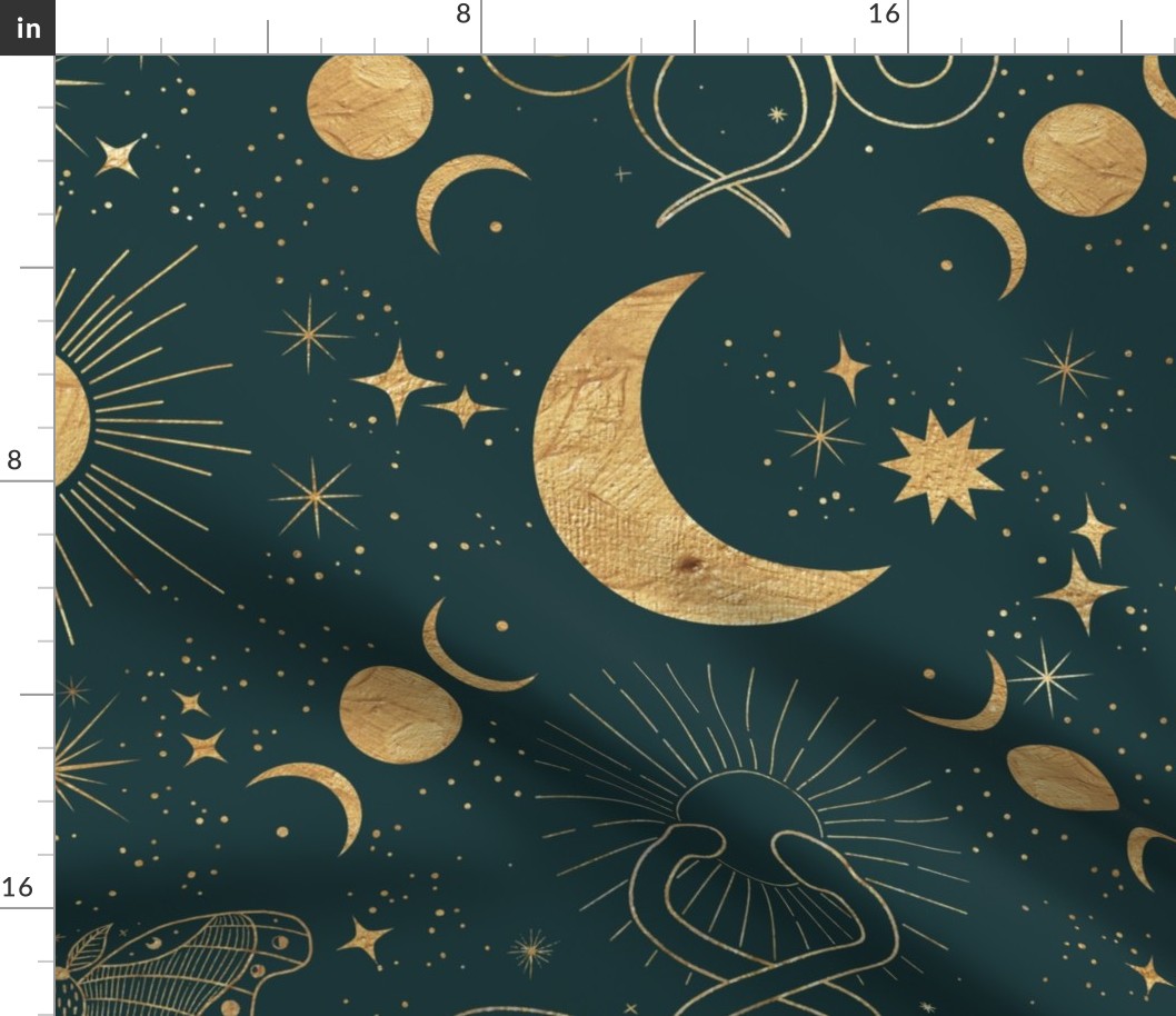 Gold Celestial Mysticism Fine Line Art Drawing Moon Sun Stars Emerald Green