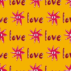 Yellow red love eye seamless pattern illustration. Cute romantic pink stars background print.