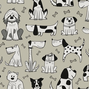dogs - black and white / beige - hand drawn (large scale)