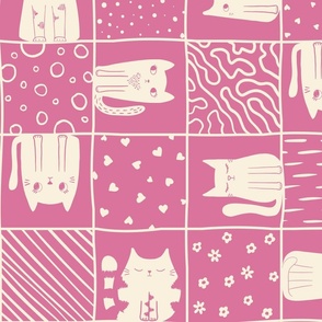 Big cream white cute funny cats on pink checker, huge scale, lazy quilt with fun cats