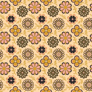 Mustard, Pink & Dark Charcoal Flowers on Peach Background -Geometric