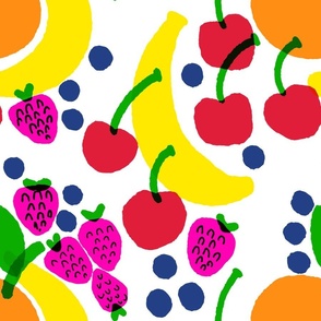 Fruit Bowl Mixed Banana, Strawberry, Blueberry And Cherry Pastel Polka Dot Bright Colorful Retro Modern Scandi Kitchen Foodie Wallpaper Style Design On White