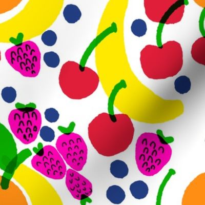 Fruit Bowl Mini Mixed Banana, Strawberry, Blueberry And Cherry Pastel Polka Dot Bright Colorful Retro Modern Scandi Kitchen Foodie Wallpaper Style Design On White