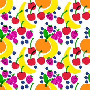 Fruit Bowl Mini Mixed Banana, Strawberry, Blueberry And Cherry Pastel Polka Dot Bright Colorful Retro Modern Scandi Kitchen Foodie Wallpaper Style Design On White