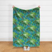 24” repeat Painterly botanical forest lake plants on faux burlap woven texture leap year frog coordinate on teal, turquoise blue nova  abstract background