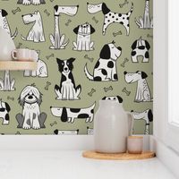 dogs - black and white / khaki green - hand drawn (large scale)