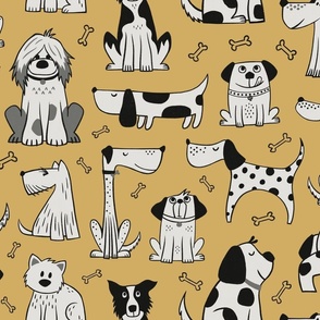 dogs - black and white / mustard yellow - hand drawn (large scale)