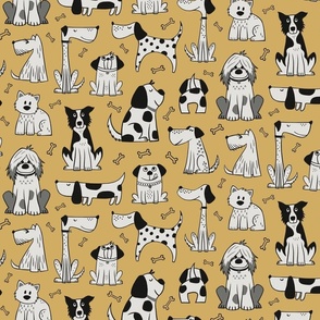 dogs - black and white / mustard yellow - hand drawn (medium scale)