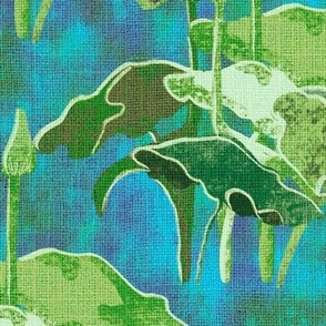 12” repeat Painterly botanical forest lake plants on faux burlap woven texture leap year frog coordinate on teal, turquoise blue nova  abstract background