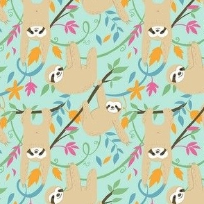 Sloths Cute Hanging Jungle on pale green