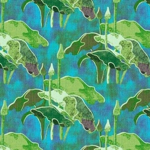 6”  repeat Painterly botanical forest lake plants on faux burlap woven texture leap year frog coordinate on teal, turquoise blue nova  abstract background
