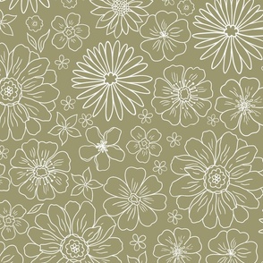 XL Green Retro Flowers – 1960s and 1970's Floral, green flowers (24" repeat- flw17)