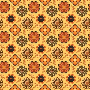 Burnt Orange, Tangerine & Dark Charcoal Flowers - Geometric