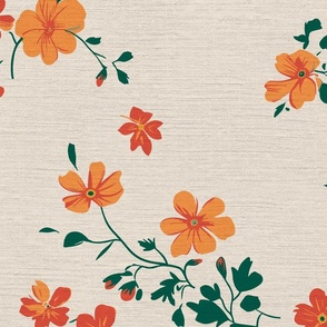 Anne's Ditsy Floral Meadow orange red on olight yellow linen backround - large scale