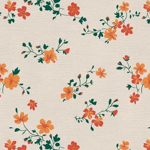 Anne's Ditsy Floral Meadow orange red on olight yellow linen backround - medium scale