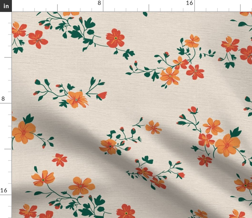 Anne's Ditsy Floral Meadow orange red on olight yellow linen backround - medium scale