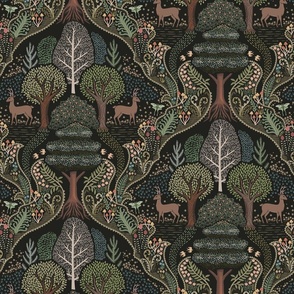 Forest Biome - forest ecosystem with trees and flowers with deer, luna moths, mushrooms and ferns - decorative ogee - olive greens - medium