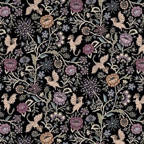 Pollinator dragons - traditional fantasy floral, goth - muted jewel tones on black - small