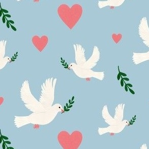 Peace doves and hearts blue