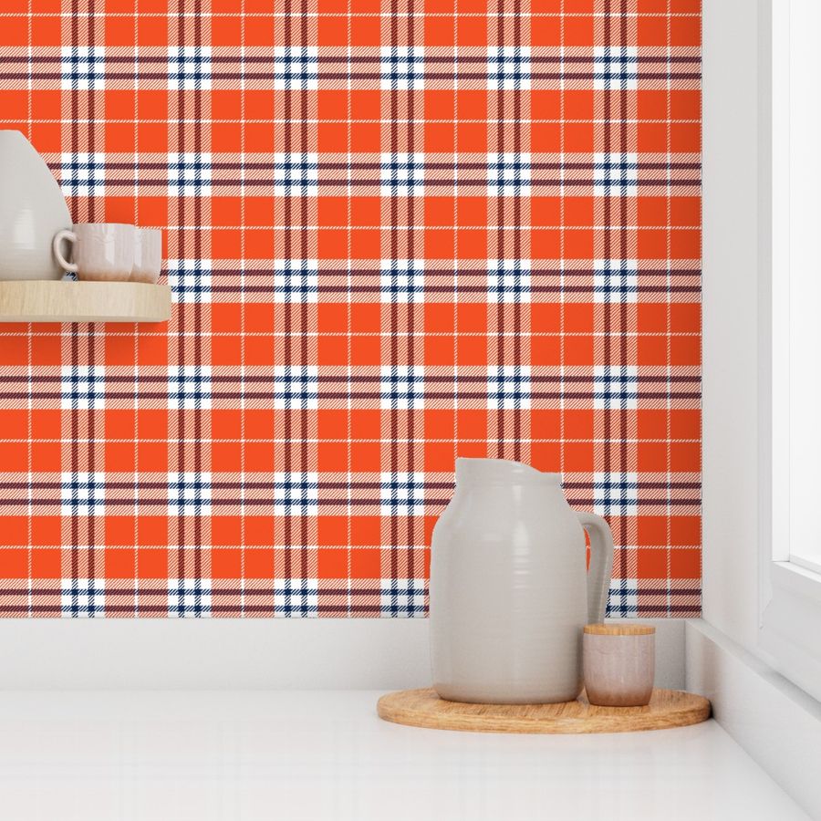 (M) Orange, Navy Blue and White Traditional Plaid or Tartan