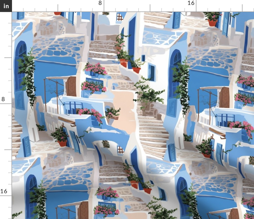 Old World Terraced Greek Blue Village Santorini Streets Stairs and Alleyways