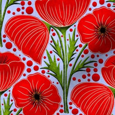 Red Poppies on Denim Blue, Medium