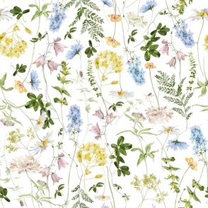 Large Hand Painted Watercolor  Wildflowers and Leaves, Wildflowers Fabric, Cottagecore Fabric