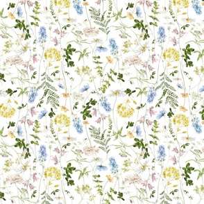 Small - Hand Painted Watercolor  Wildflowers and Leaves, Wildflowers Fabric, Cottagecore Fabric