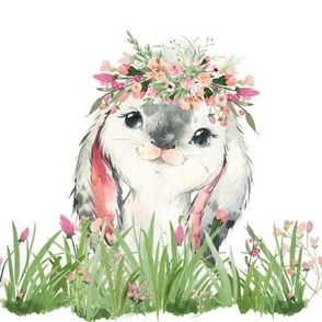 6" floral baby bunny with grass and flowers wreath
