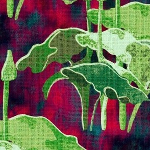 12” repeat Painterly botanical forest lake plants on faux burlap woven texture leap year frog coordinate on moody red, dark teal blue nova  abstract background
