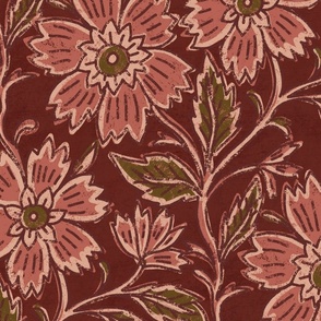 Boho Indian floral block print in burgundy red and rose quartz pink with texture large