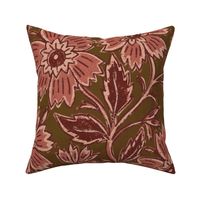 Boho Indian floral block print in burgundy red and rose pink on olive green with linen texture large