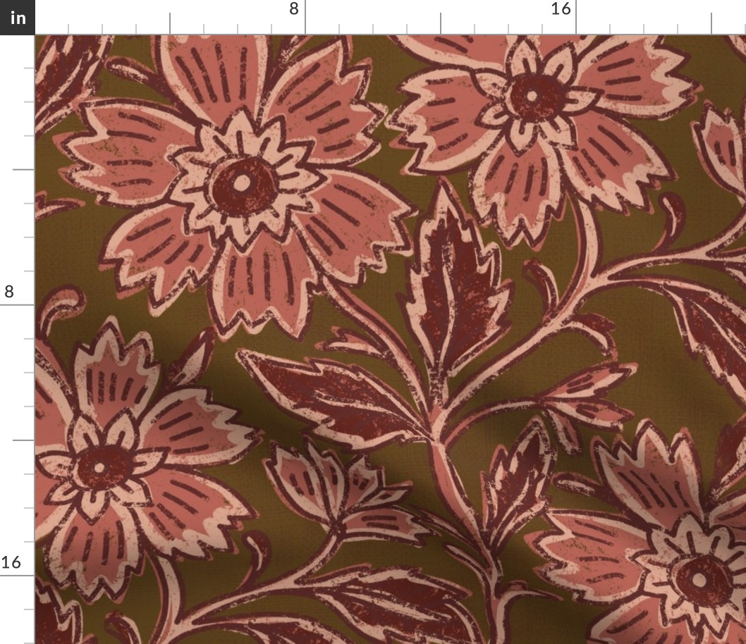 Boho Indian floral block print in burgundy red and rose pink on olive green with linen texture large