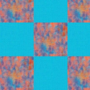 6” checkerboard checkers checks  with faux burlap woven texture and painterly mark making tiled half drop coordinate for tropical  leap frogs. Turquoise and peach, orange and blue nova