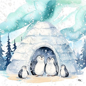 A family of penguins warm up in an igloo in the Arctic