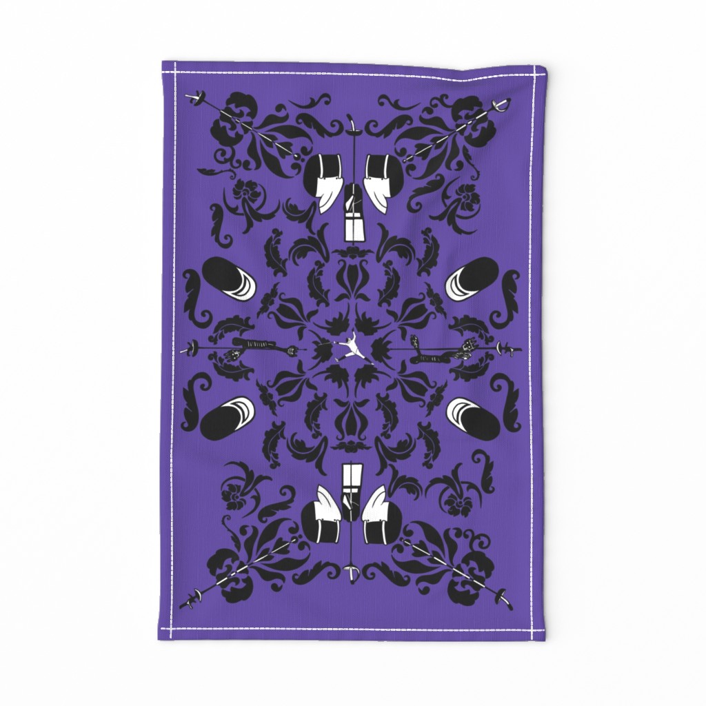 fencing damask purple tea towel