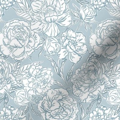 Small - Painterly peonies - Soft dusty blue monochrome - soft coastal - painted floral - artistic light blue painterly floral fabric - spring garden preppy floral - girls summer dress bedding wallpaper