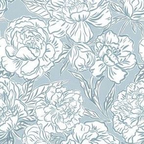 Small - Painterly peonies - Soft dusty blue monochrome - soft coastal - painted floral - artistic light blue painterly floral fabric - spring garden preppy floral - girls summer dress bedding wallpaper