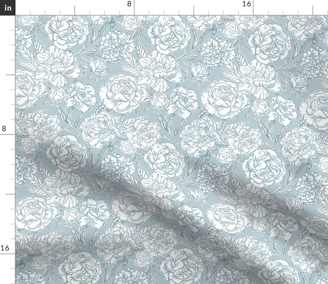 Small - Painterly peonies - Soft dusty blue monochrome - soft coastal - painted floral - artistic light blue painterly floral fabric - spring garden preppy floral - girls summer dress bedding wallpaper