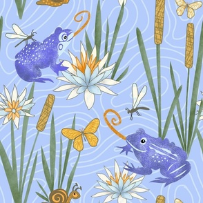 (L) Frog Pond Leap Year with Butterflies, Dragonflies, Snails, Reeds and Lilies Purple and Blue