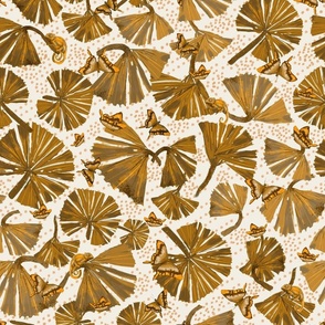 Golden Maple Lush Jungle Leaves with Butterflies and Chameleons, Light Dots Coordinate 1 