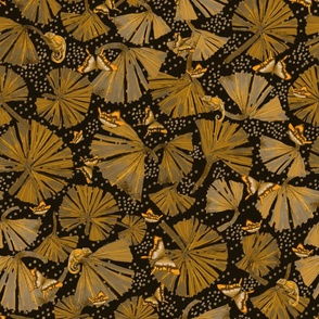 Golden Maple Lush Jungle Leaves with Butterflies and Chameleons and Dots Dark Nature Coordinate 1 