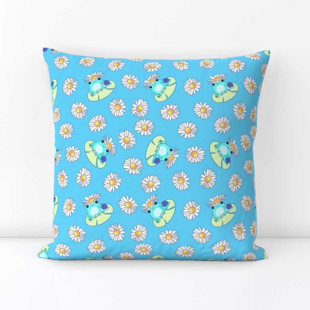 Cute blue Kawaii frogs, snail friends and daisies on blue