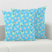 Cute blue Kawaii frogs, snail friends and daisies on blue