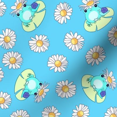 Cute blue Kawaii frogs, snail friends and daisies on blue