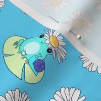 Cute blue Kawaii frogs, snail friends and daisies on blue