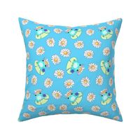 Cute blue Kawaii frogs, snail friends and daisies on blue